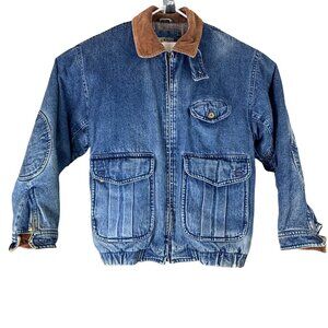 Vintage Jean Jacket Flannel Lined Size Large Forest Club Zip Up Corduroy Trim